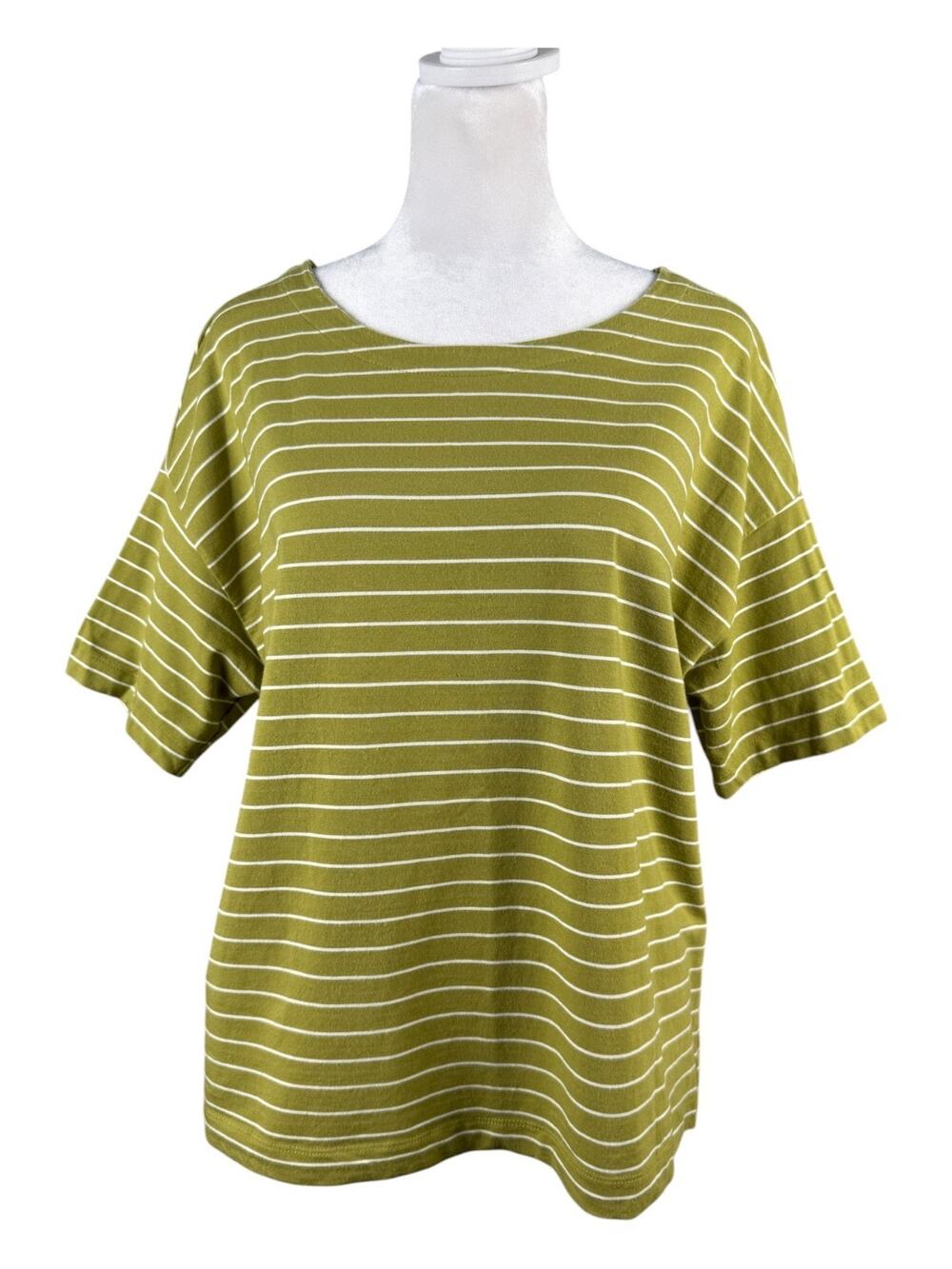 J Jill Luxe XL Petite Supima Elbow Sleeve Tee Olive Green White Stripe PXL Top
